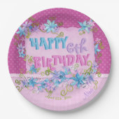 Assiettes En Carton Joyeux anniversaire Floral rose violet Pois (Devant)