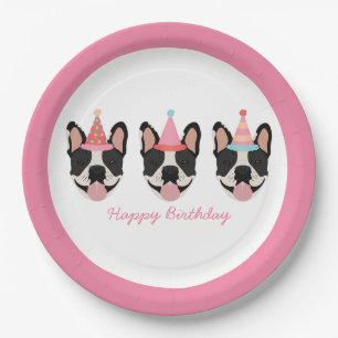 Assiettes En Carton Joyeux anniversaire français Bulldog Party Casquet
