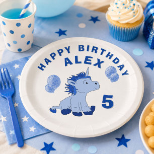 Assiettes En Carton Joyeux Anniversaire Garçon Licorne Bleue