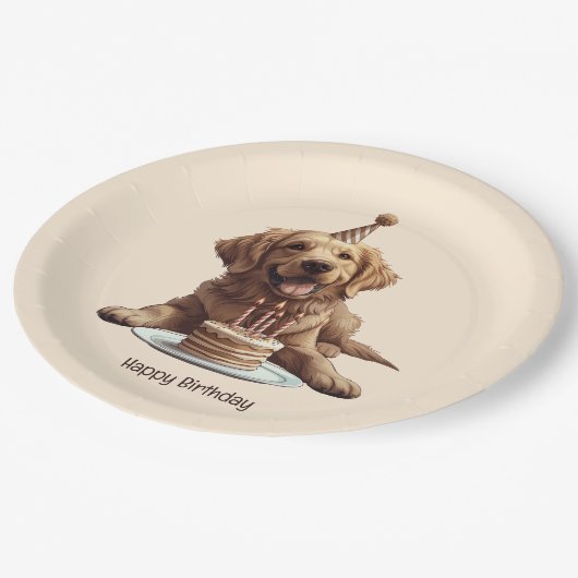Assiettes En Carton Joyeux Anniversaire Golden Retriever Chien (Angle)