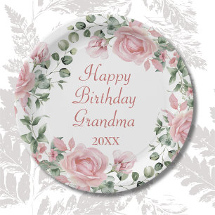 Assiettes En Carton Joyeux anniversaire Grand-mère rose fête florale