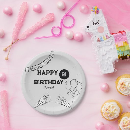 Assiettes En Carton Joyeux anniversaire gris moderne Toute année Perso (Fête)