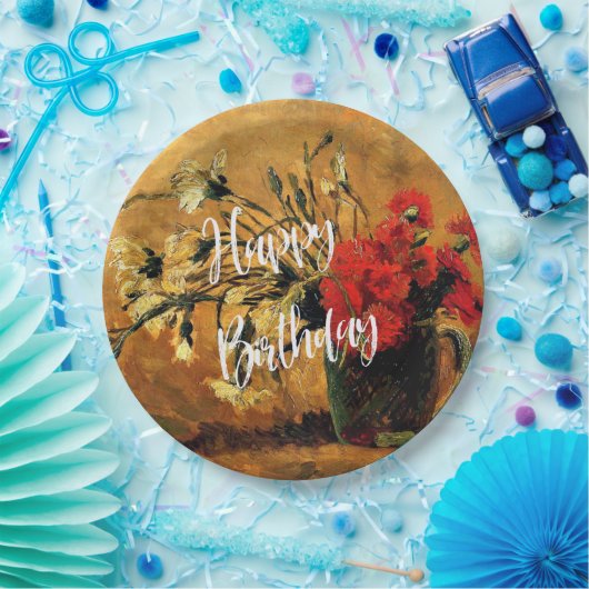 Assiettes En Carton Joyeux anniversaire, Jug aux oeillets rouges et bl (Fête)