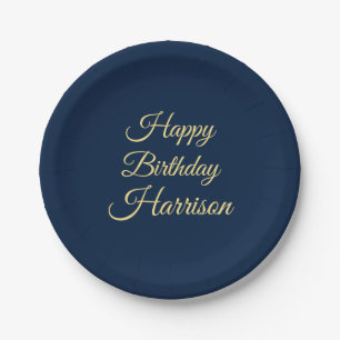 Assiettes En Carton Joyeux anniversaire marine bleu or script personna