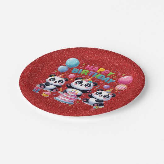 Assiettes En Carton Joyeux Anniversaire, Mes Trois Pandas, (Angle)