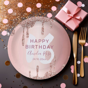 Assiettes En Carton Joyeux Anniversaire Moderne Paillettes Or Rose