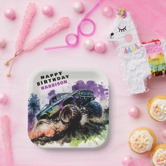 Assiettes En Carton Joyeux anniversaire Monster Truck Smash Crash Boy (Fête)