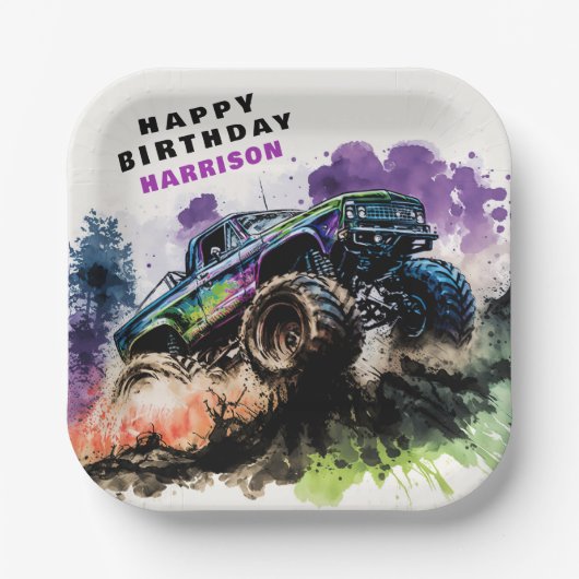 Assiettes En Carton Joyeux anniversaire Monster Truck Smash Crash Boy (Recto)
