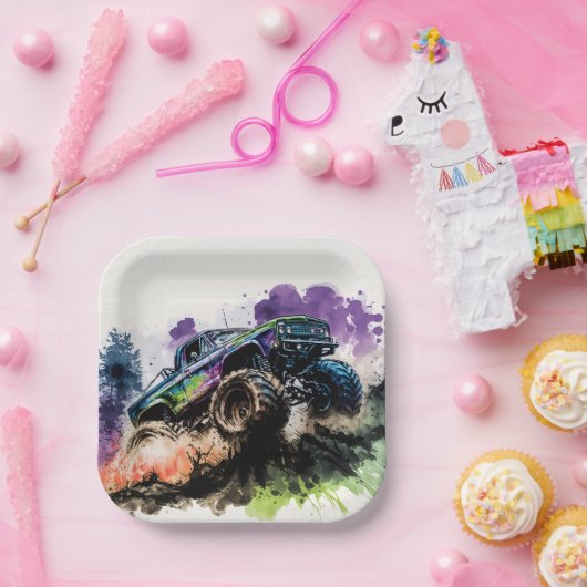 Assiettes En Carton Joyeux anniversaire Monster Truck Smash Crash Boy (Fête)