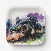 Assiettes En Carton Joyeux anniversaire Monster Truck Smash Crash Boy (Recto)