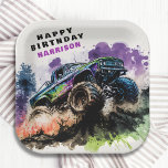 Assiettes En Carton Joyeux anniversaire Monster Truck Smash Crash Boy<br><div class="desc">Happy Birthday Monster Truck Smash Crash Boy Kids Paper Party Plates dispose d'un camion monstre aquarelle conduisant à travers la terre avec le texte "Happy Birthday (Nom)" dans le script de typographie moderne. Parfait pour les fêtes d'anniversaire pour enfants. Envoyez par la poste ou téléchargez simplement l'invitation numérique partageable téléchargeable....</div>