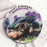 Assiettes En Carton Joyeux anniversaire Monster Truck Smash Crash Boy<br><div class="desc">Happy Birthday Monster Truck Smash Crash Boy Kids Paper Party Plates dispose d'un camion monstre aquarelle conduisant à travers la terre avec le texte "Happy Birthday (Nom)" dans le script de typographie moderne. Parfait pour les fêtes d'anniversaire pour enfants. Conçu par Evco Studio. Pour la coordination des éléments, voir www.zazzle.com/store/evcostudio...</div>