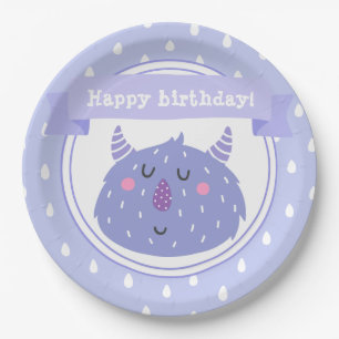 Assiettes En Carton Joyeux anniversaire ! Monstre pourpre mignon
