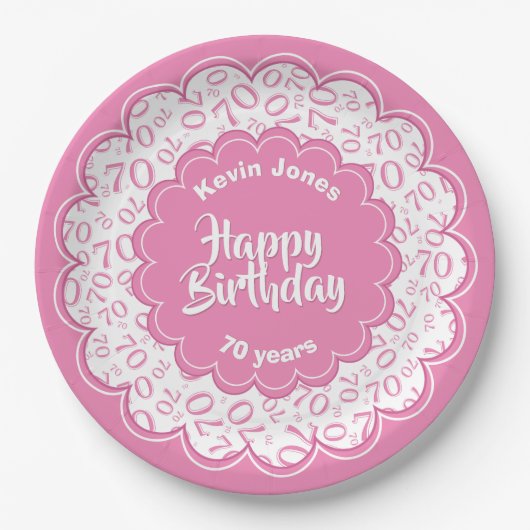Assiettes En Carton Joyeux anniversaire motif rose et blanc (Devant)