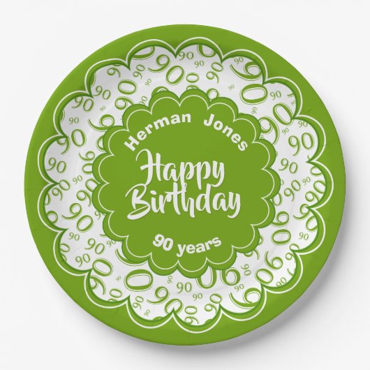 Assiettes En Carton Joyeux anniversaire motif vert et blanc (Devant)