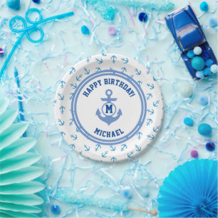 Assiettes En Carton Joyeux anniversaire nautique ! Ancre initiale