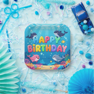 Assiettes En Carton Joyeux anniversaire nautique dauphin mignon
