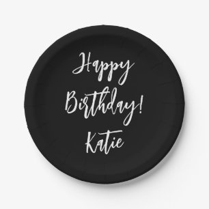Assiettes En Carton Joyeux Anniversaire noir blanc script personnalisé