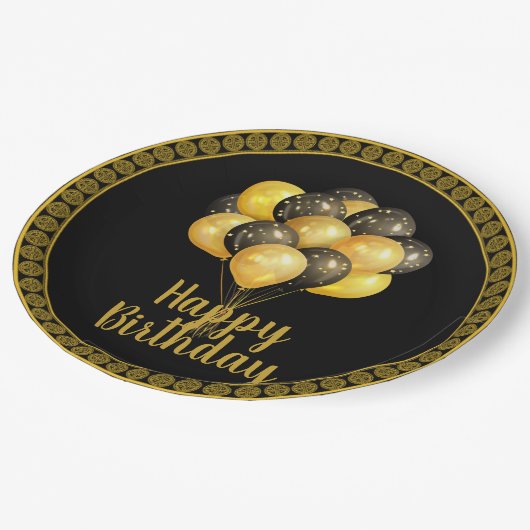 Assiettes En Carton Joyeux anniversaire, or et noir, (Angle)