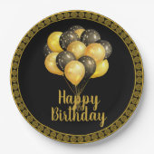 Assiettes En Carton Joyeux anniversaire, or et noir, (Devant)