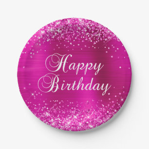 Assiettes En Carton Joyeux Anniversaire Paillettes Rose Chaud