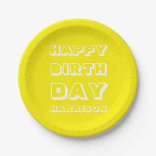 Assiettes En Carton Joyeux anniversaire Personnalisé Nom jaune modern