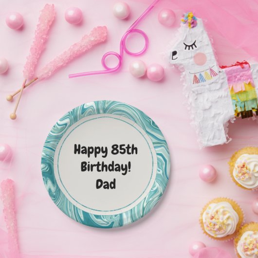 Assiettes En Carton Joyeux Anniversaire Personnalisez Blue Liquid Marb (Fête)