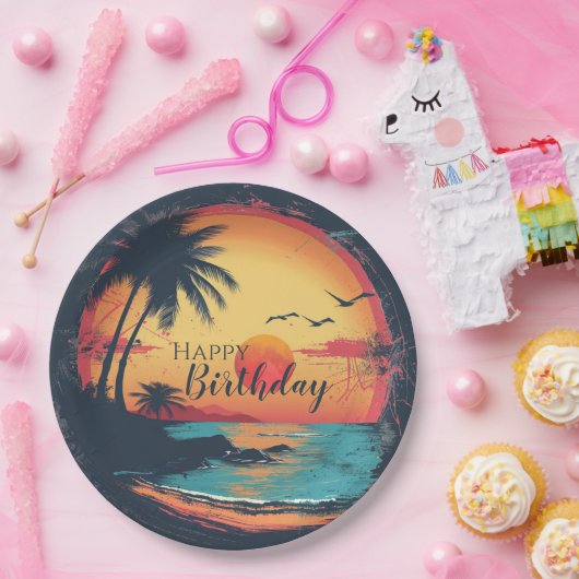Assiettes En Carton Joyeux Anniversaire Plage Rétro Thème (Fête)