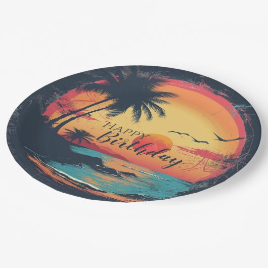 Assiettes En Carton Joyeux Anniversaire Plage Rétro Thème (Angle)
