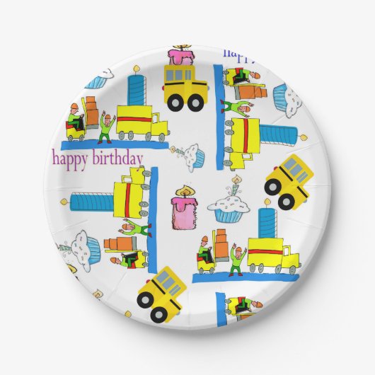 Assiettes En Carton Joyeux Anniversaire Plaques de papier Camions Bus (Devant)
