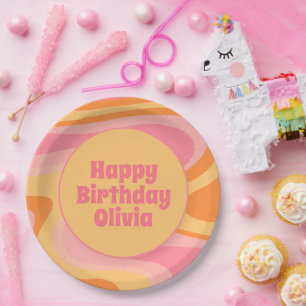 Assiettes En Carton Joyeux anniversaire Retro Vibe Abstrait Swirl 60s