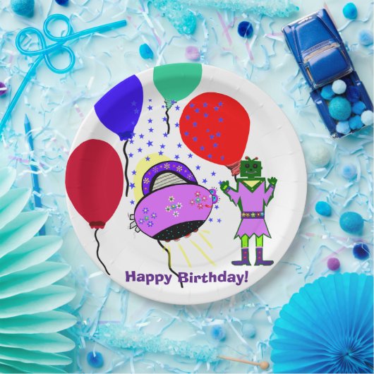 Assiettes En Carton Joyeux Anniversaire Robot Vert Rose Violet vaissea (Fête)
