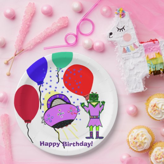 Assiettes En Carton Joyeux Anniversaire Robot Vert Rose Violet vaissea (Fête)