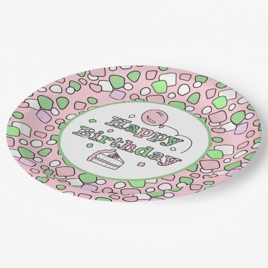 Assiettes En Carton Joyeux anniversaire rose et vert (Angle)