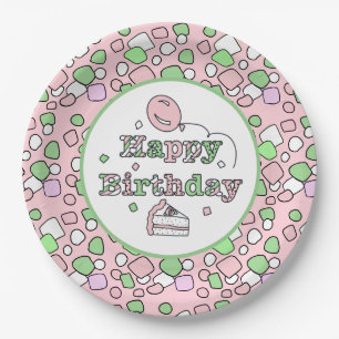 Assiettes En Carton Joyeux anniversaire rose et vert
