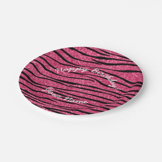 Assiettes En Carton Joyeux Anniversaire rose parties scintillant zèbre (Angle)