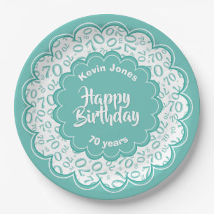 Assiettes En Carton Joyeux anniversaire soixante-dixième Teal et motif