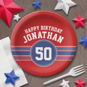 Assiettes En Carton Joyeux Anniversaire Sports avec l'âge - Rouge Ble