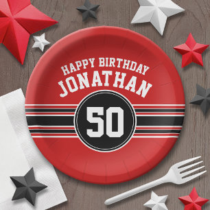 Assiettes En Carton Joyeux Anniversaire Sports avec l'âge - Rouge Noir