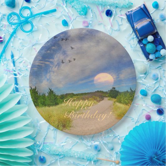 Assiettes En Carton Joyeux Anniversaire Sunset Path To Beach (Fête)