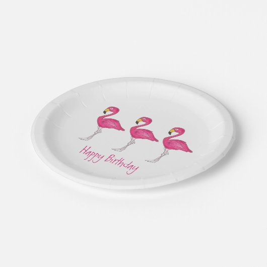 Assiettes En Carton Joyeux anniversaire Tropical Island Flamant rose r (Angle)