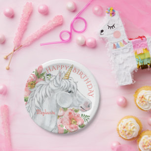 Assiettes En Carton Joyeux Anniversaire Unicorn Plutôt Floral Personn