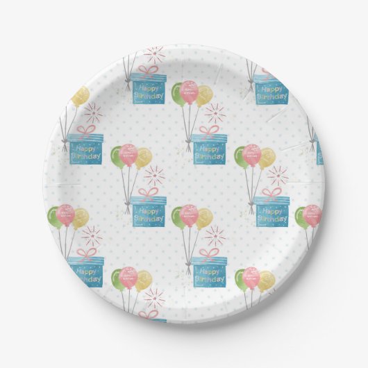 Assiettes En Carton Joyeux Ballons d'anniversaire et boîte cadeau (Devant)