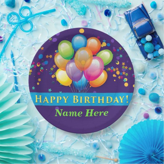 Assiettes En Carton Joyeux ballons d'anniversaire - Personnaliser viol (Fête)