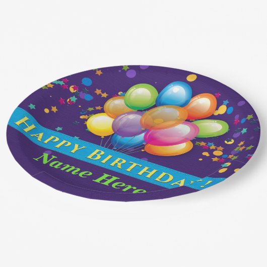 Assiettes En Carton Joyeux ballons d'anniversaire - Personnaliser viol (Angle)