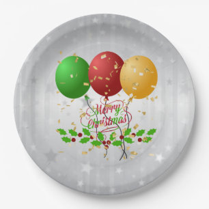 Assiettes En Carton Joyeux Ballons de Noël et Confetti