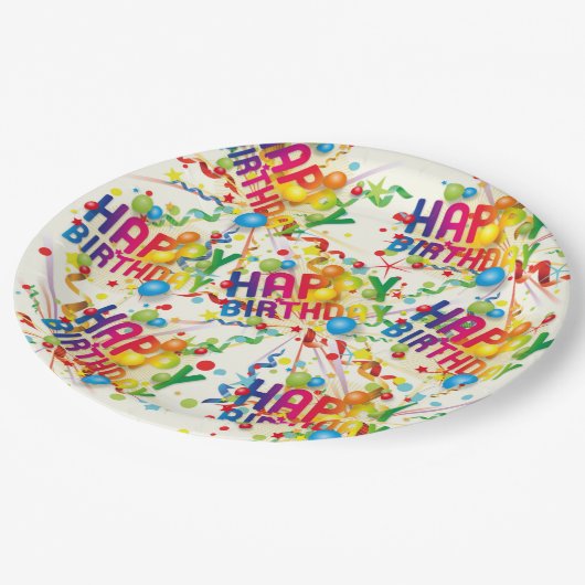 Assiettes En Carton Joyeux Balons et Streamers d'anniversaire (Angle)