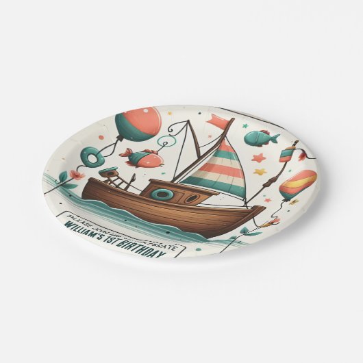 Assiettes En Carton joyeux bateau mignon garçon Poisson d'un 1er anniv (Angle)