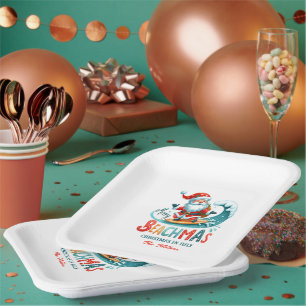 Assiettes En Carton Joyeux Beachmas Père Noël Surfing Retro Design