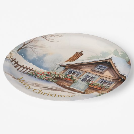 Assiettes En Carton Joyeux Cabine de Noël dans un paysage enneigé (Angle)
